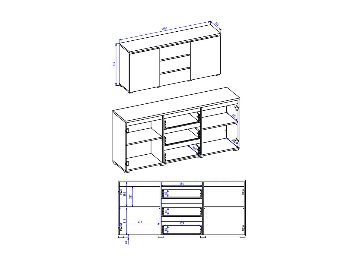 Buffet 2 portes 3 tiroirs Liko Noir et Bois