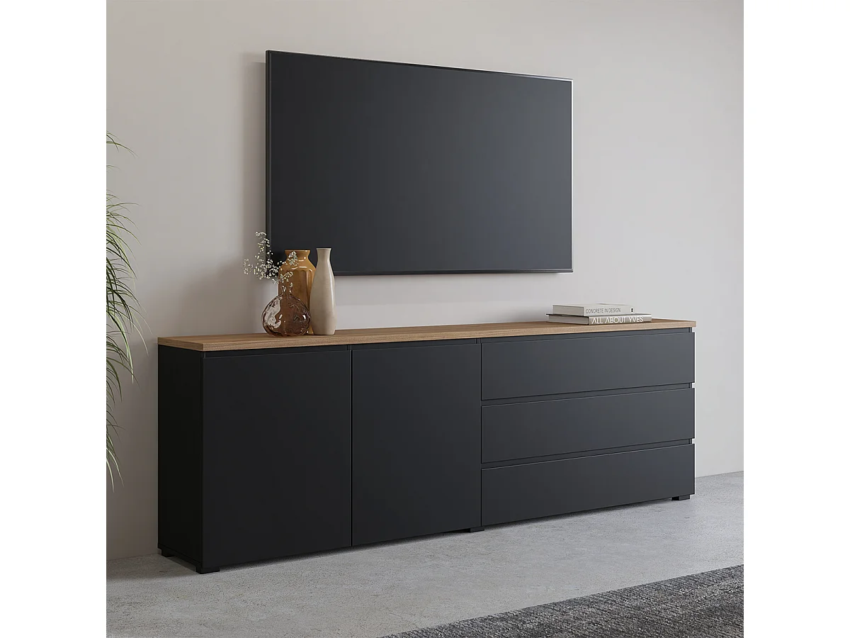 Buffet long 2 portes 3 tiroirs Liko Noir et Bois