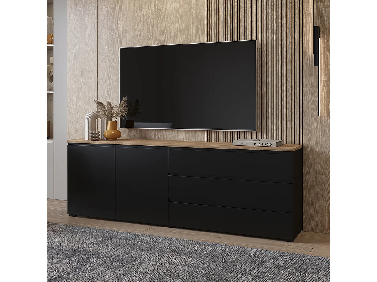 Buffet long 2 portes 3 tiroirs Liko Noir et Bois