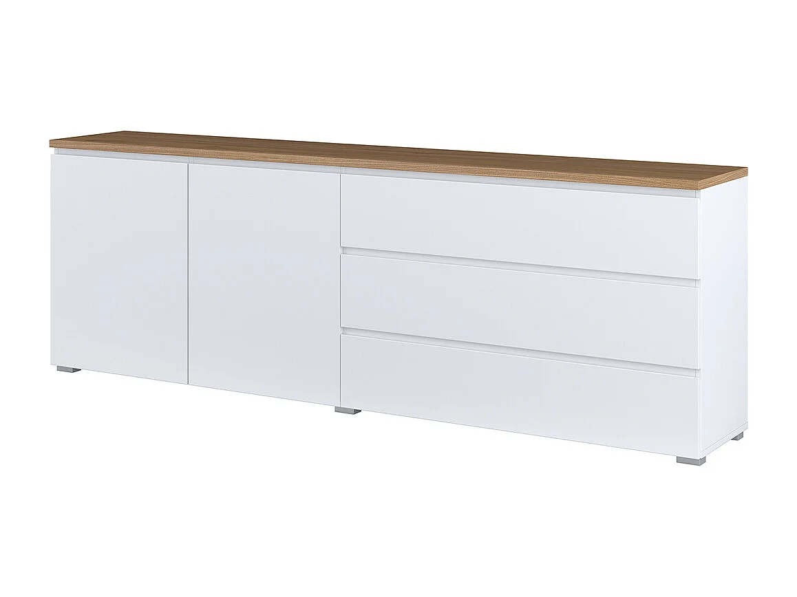 Buffet long 2 portes 3 tiroirs Liko Blanc et Bois