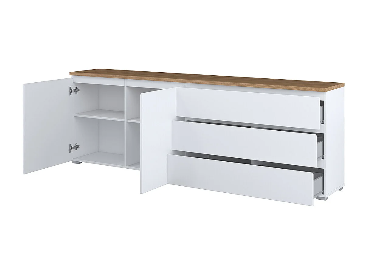 Buffet long 2 portes 3 tiroirs Liko Blanc et Bois