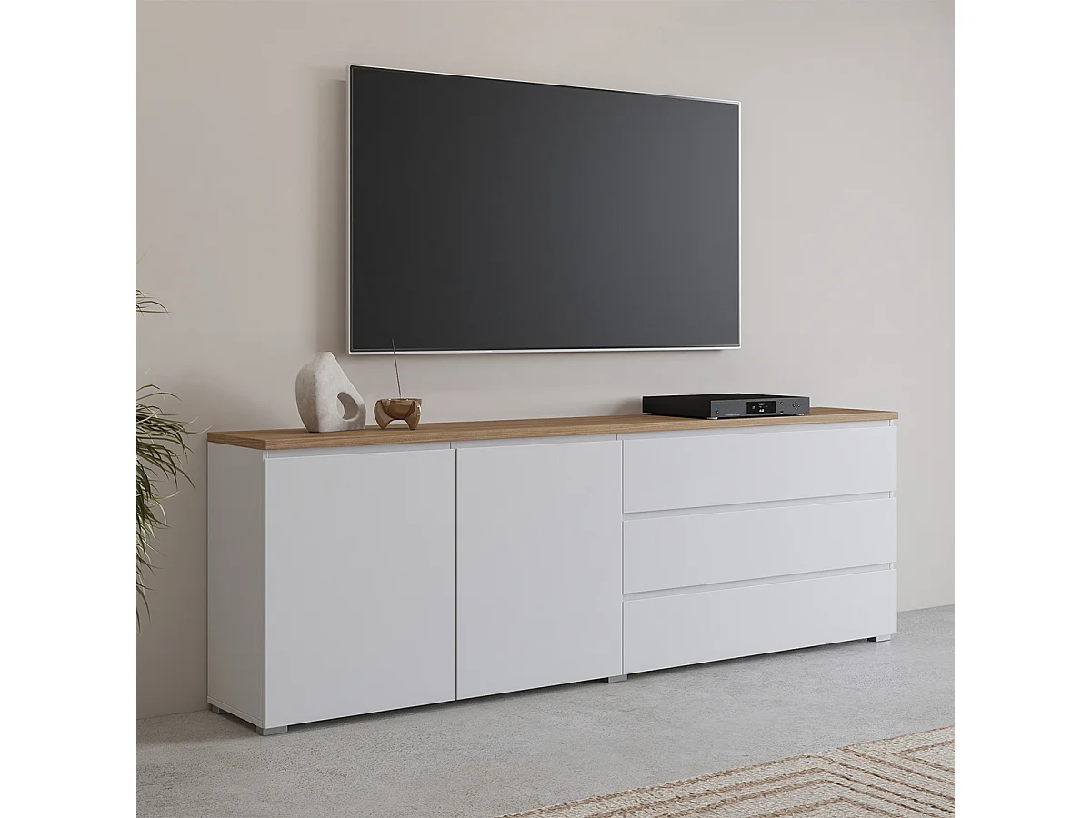 Buffet long 2 portes 3 tiroirs Liko Blanc et Bois