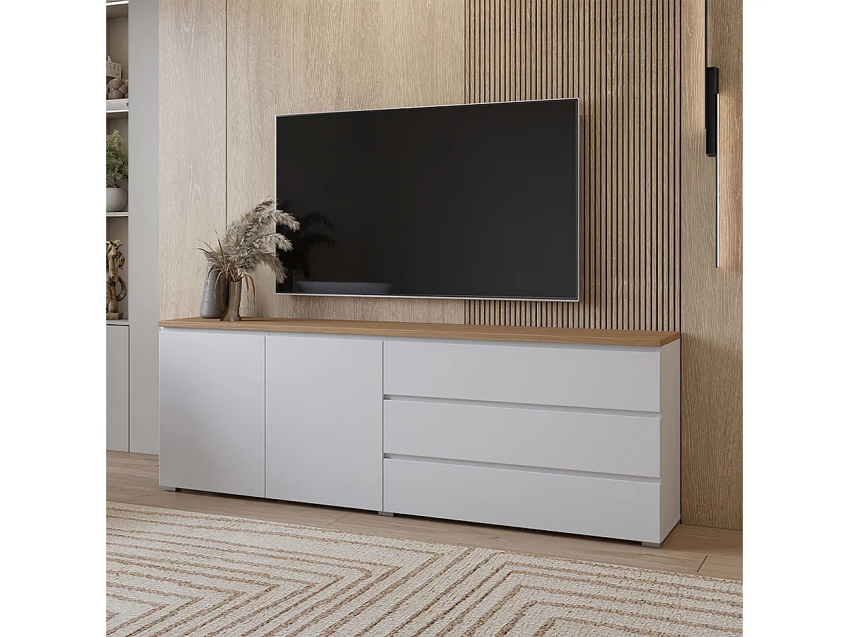 Buffet long 2 portes 3 tiroirs Liko Blanc et Bois