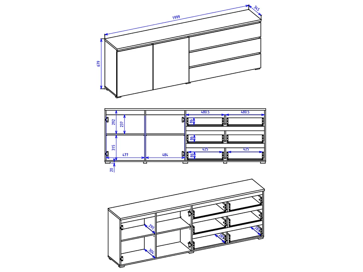 Liko White and Wood 2-door 3-drawer long sideboard