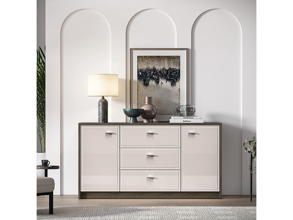 Buffet 2 portes 3 tiroirs Kaius Cachemire et Bois foncé