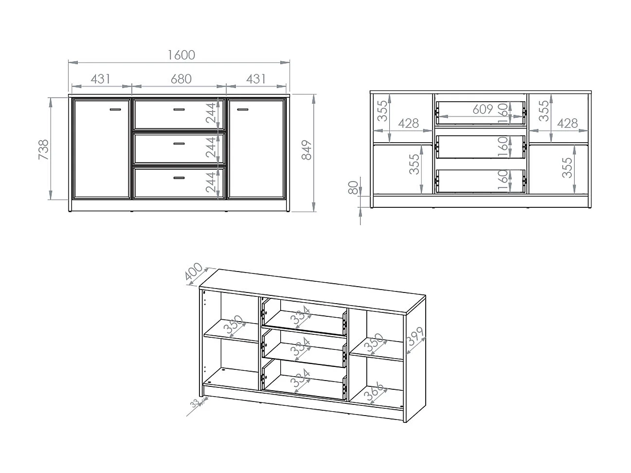 Buffet 2 portes 3 tiroirs Kaius Cachemire et Bois foncé