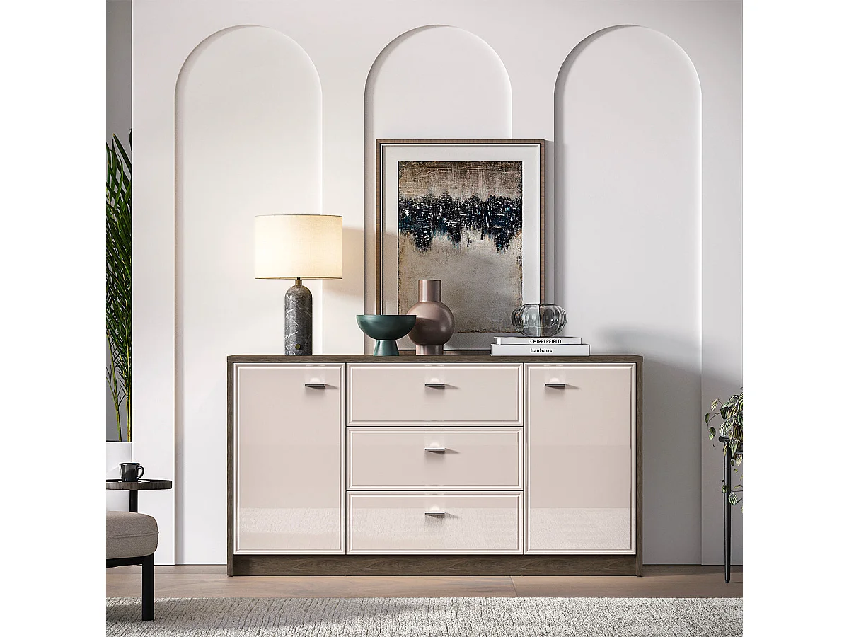 Kaius Cashmere and Dark Wood 2-door 3-drawer sideboard