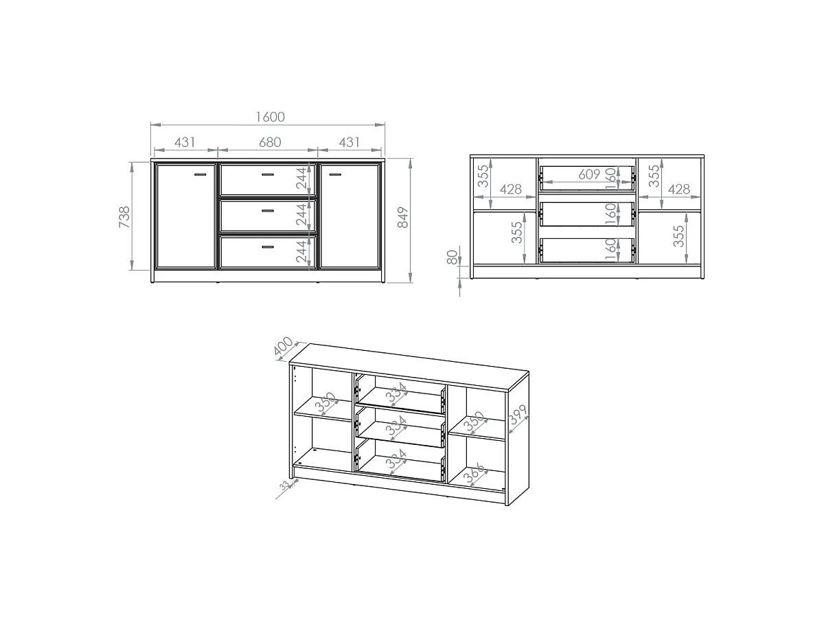 Kaius Cashmere and Dark Wood 2-door 3-drawer sideboard