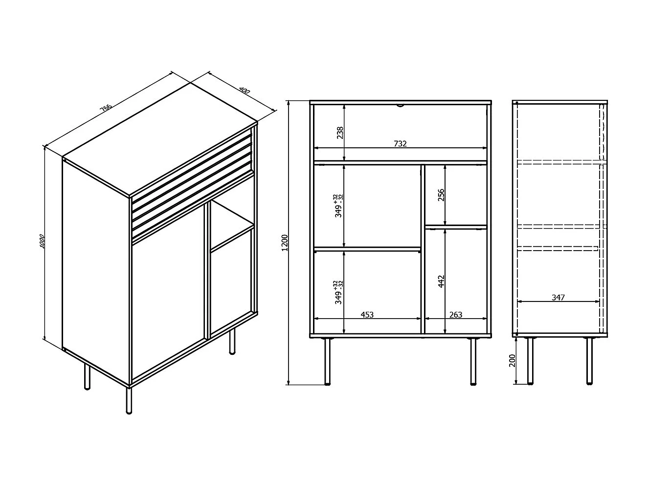 Buffet haut 3 portes Astra Bois et Noir