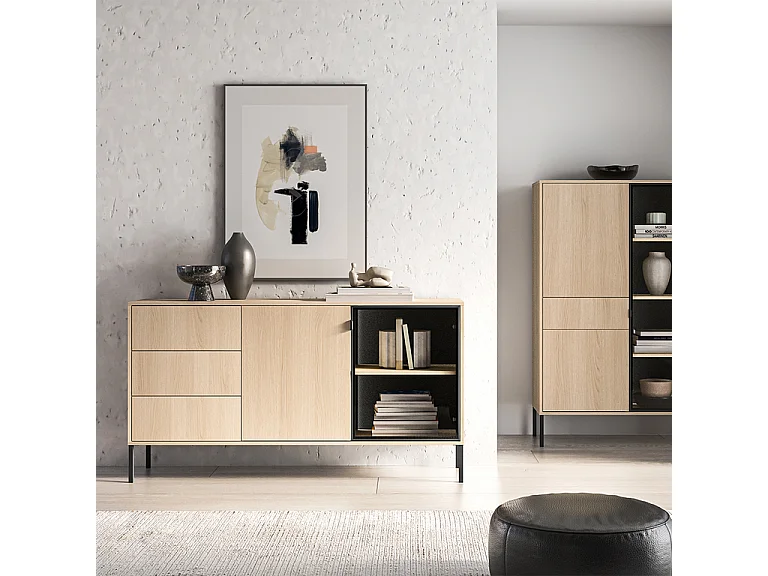 Buffet 2 portes 3 tiroirs Paige Bois et Noir