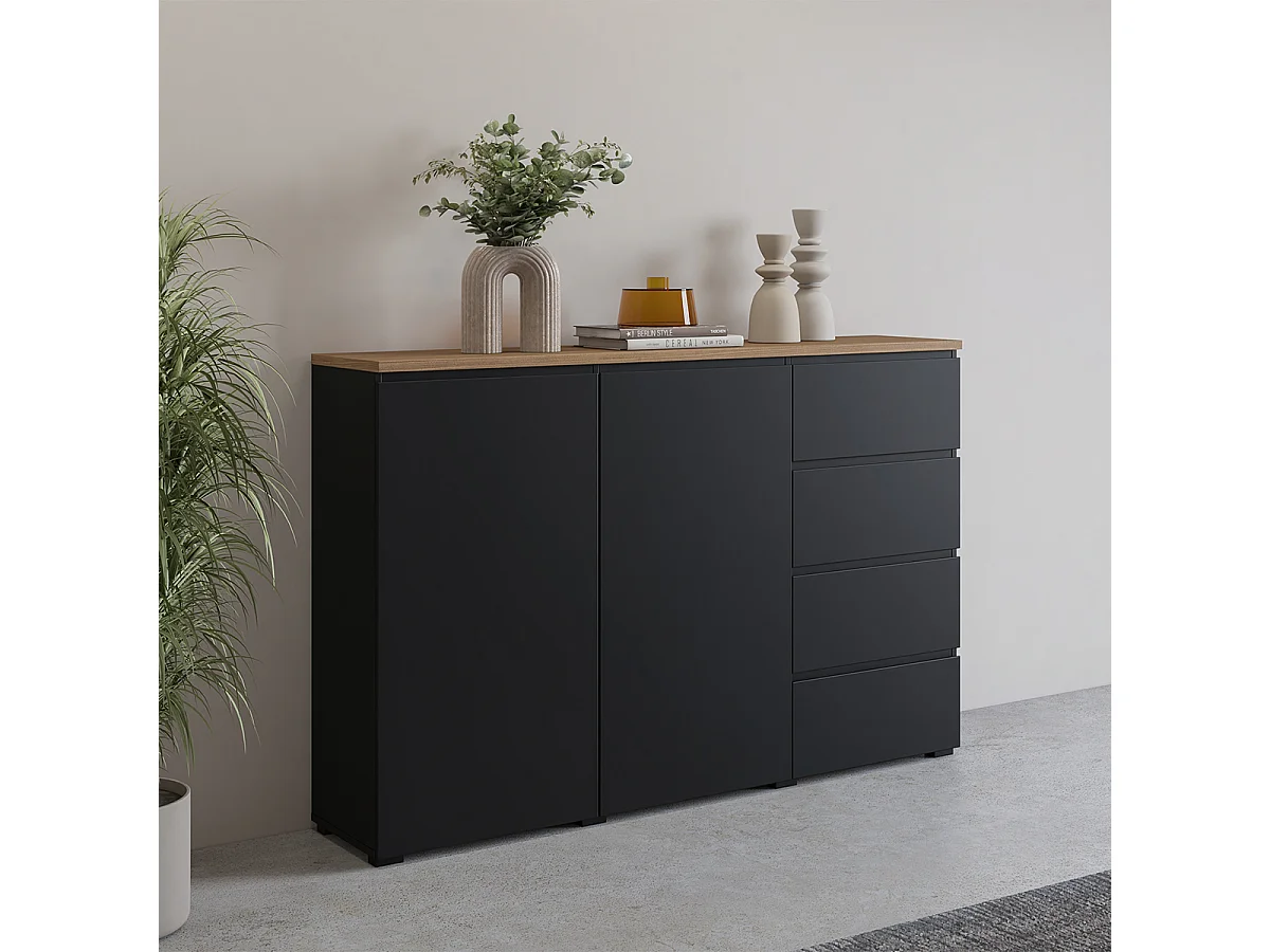 Buffet 2 portes 4 tiroirs Liko Noir et Bois