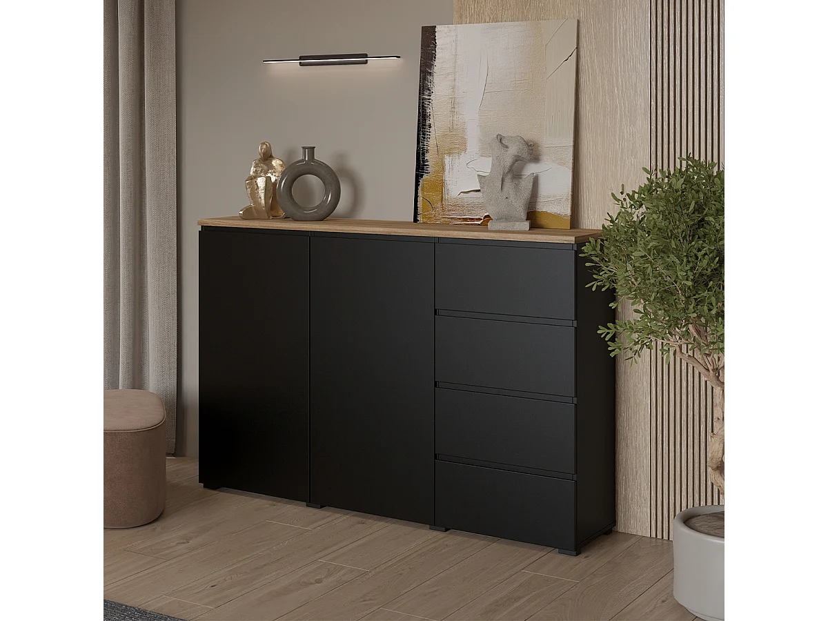 Buffet 2 portes 4 tiroirs Liko Noir et Bois