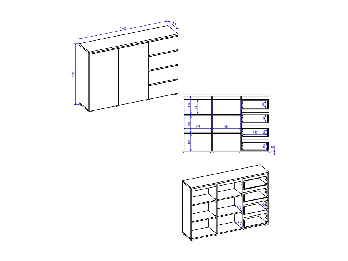 Buffet 2 portes 4 tiroirs Liko Noir et Bois