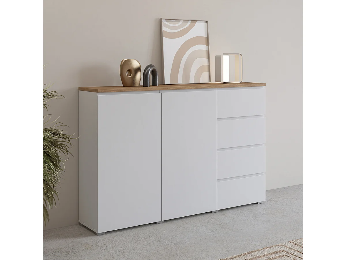 Buffet 2 portes 4 tiroirs Liko Blanc et Bois