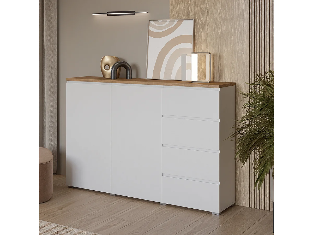 Buffet 2 portes 4 tiroirs Liko Blanc et Bois