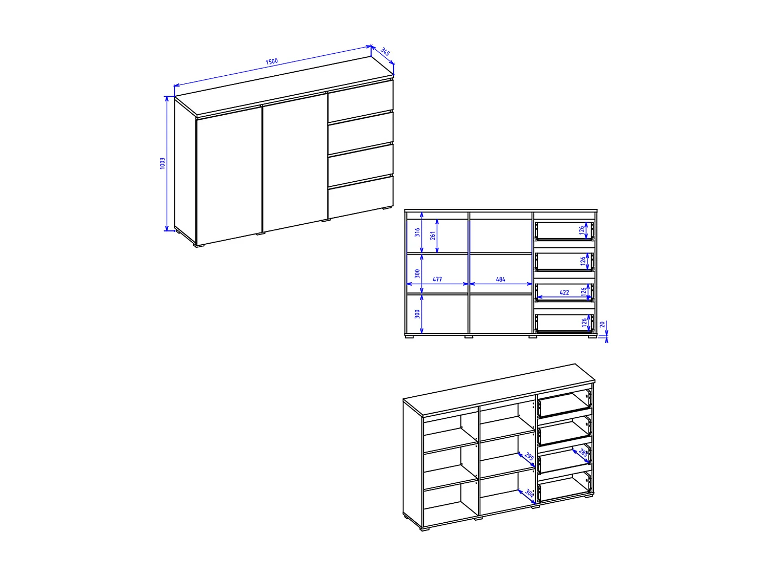 Buffet 2 portes 4 tiroirs Liko Blanc et Bois
