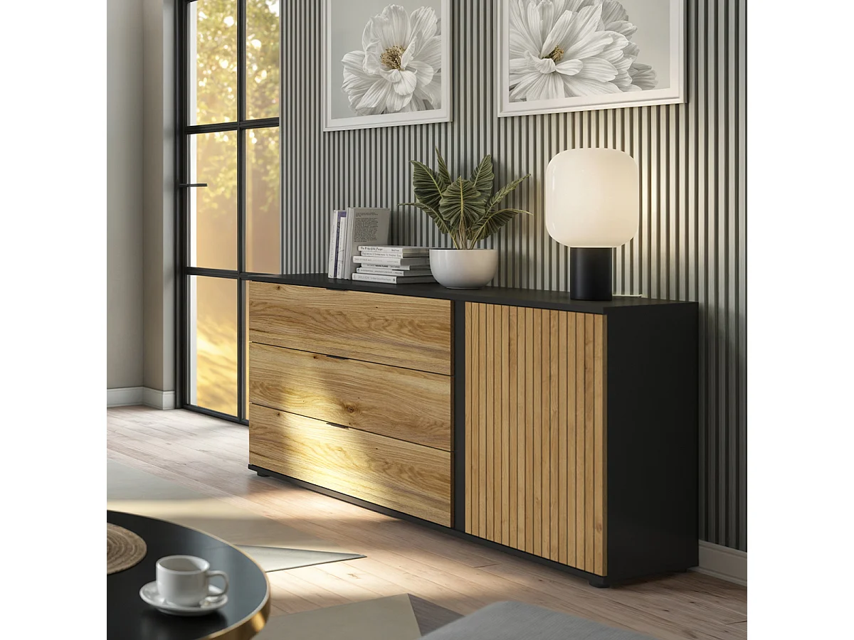 Buffet 3 tiroirs 1 porte Pia Noir et Bois