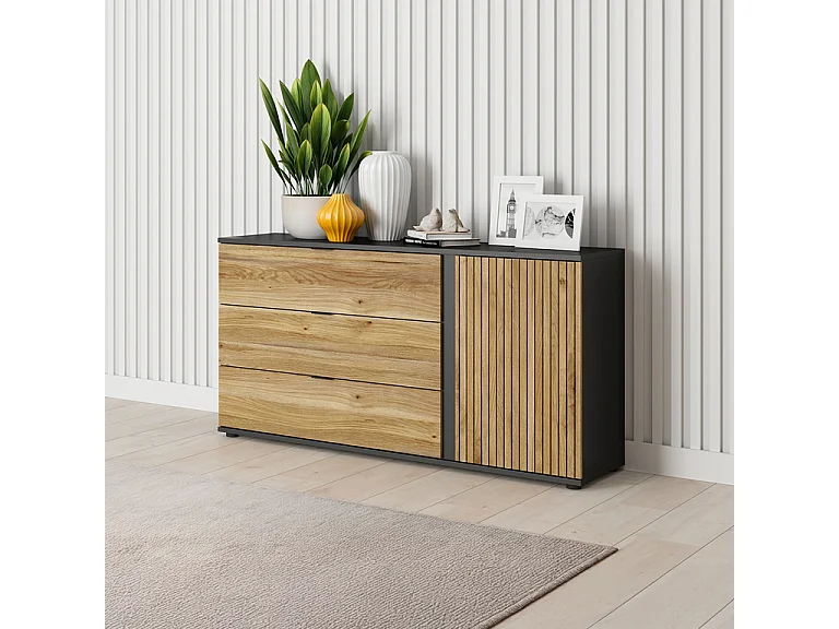 Buffet 3 tiroirs 1 porte Pia Noir et Bois