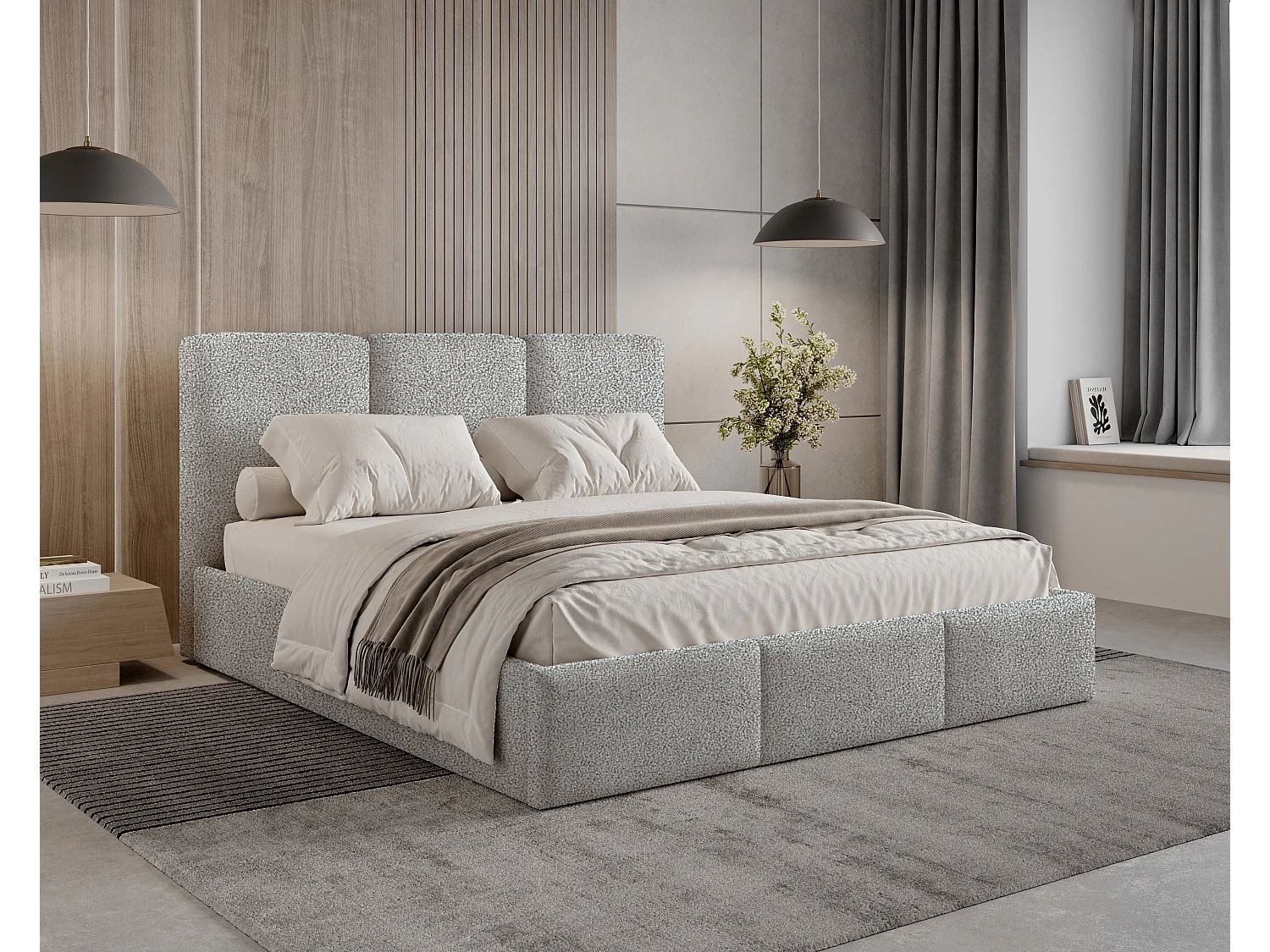 Gestoffeerd bed 200x200 Elora bouclé – bed met opbergruimte en lattenbodem, modern opbergbed, slaapkamerbed, trendy bouclé stof – Lichtgrijs