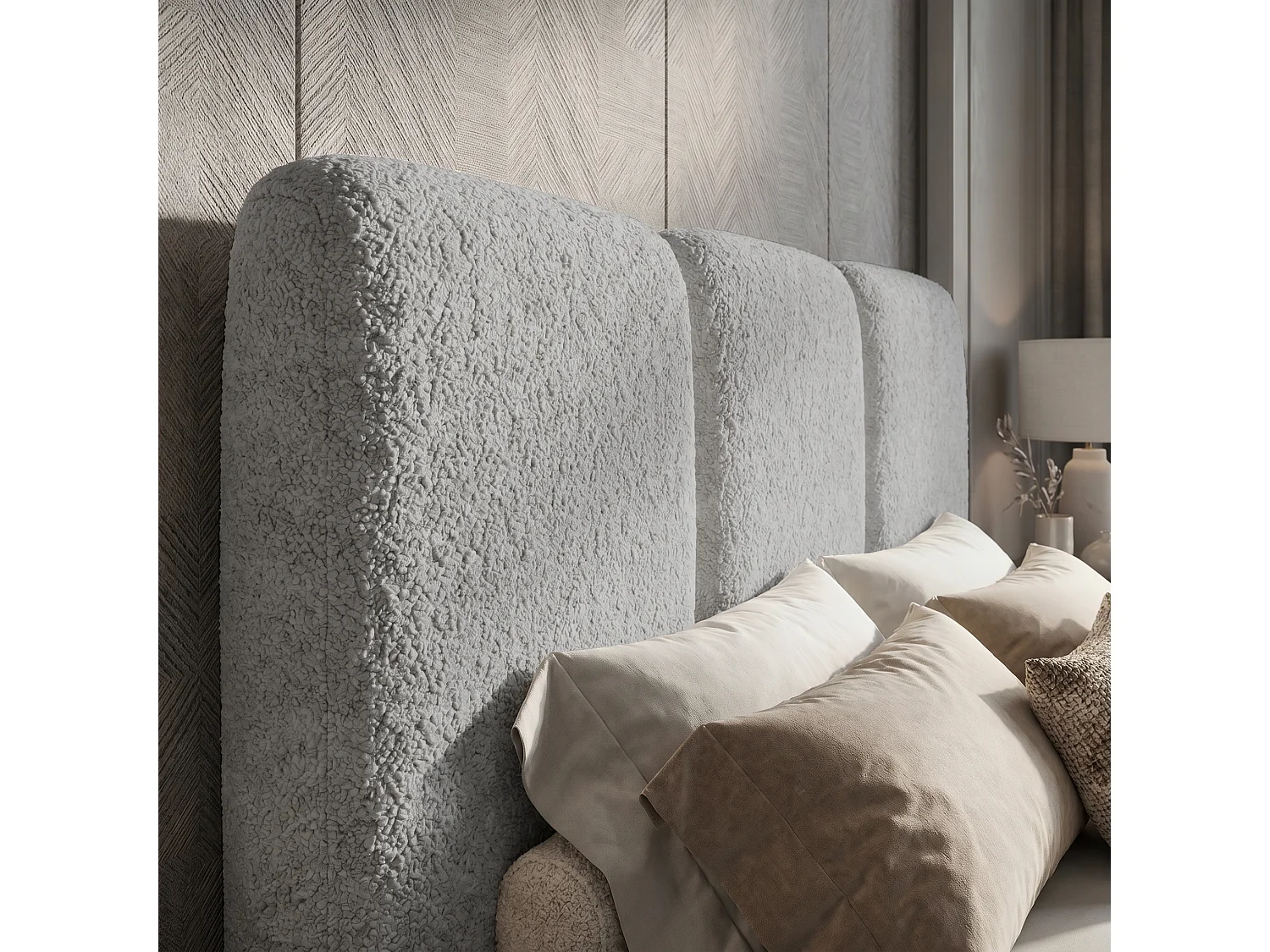 Lit tapissé 200x200 Elora bouclé – lit avec coffre de rangement et sommier, lit coffre moderne, lit chambre, tissu bouclé tendance – Gris clair