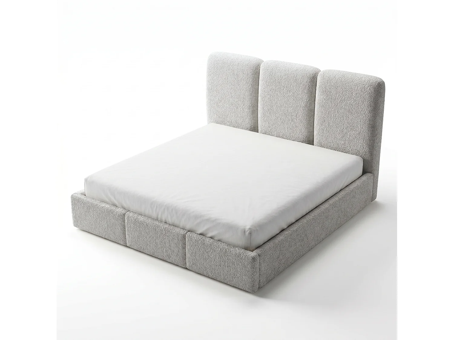 Lit tapissé 200x200 Elora bouclé – lit avec coffre de rangement et sommier, lit coffre moderne, lit chambre, tissu bouclé tendance – Gris clair