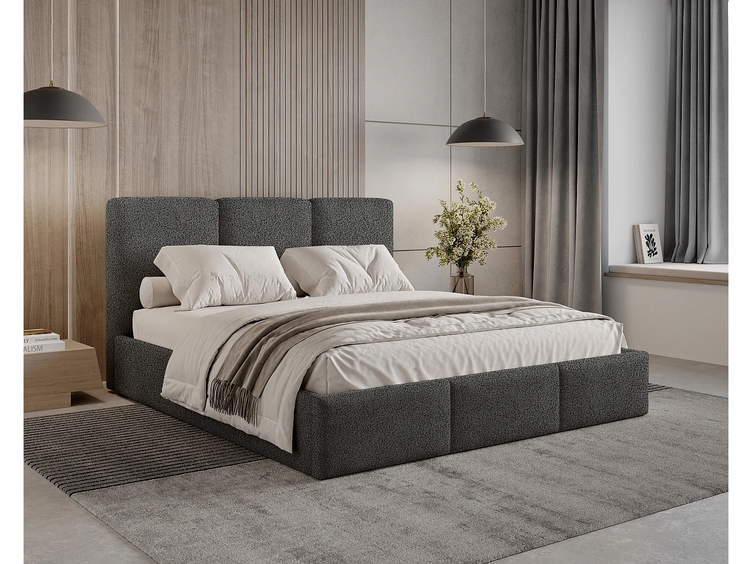 Gestoffeerd bed 200x200 Elora bouclé – bed met opbergruimte en lattenbodem, modern opbergbed, slaapkamerbed, trendy bouclé stof – Grijs