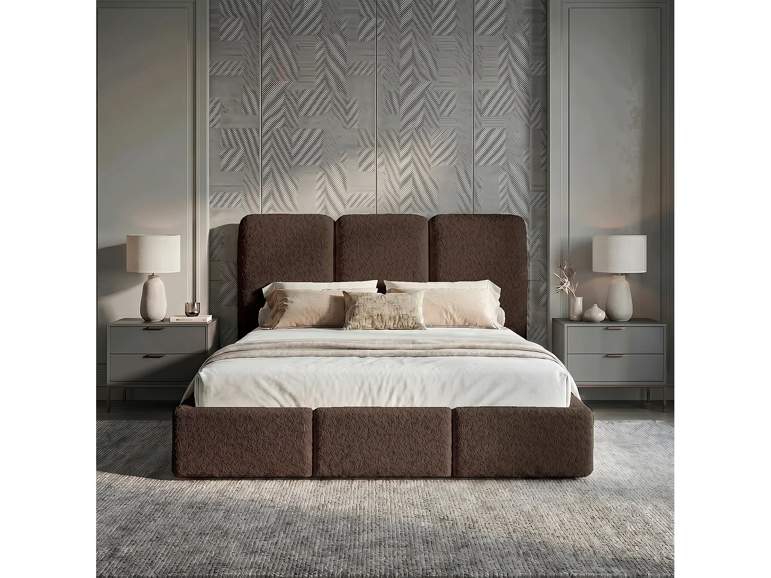 Lit tapissé 200x200 Elora bouclé – lit avec coffre de rangement et sommier, lit coffre moderne, lit chambre, tissu bouclé tendance – Marron