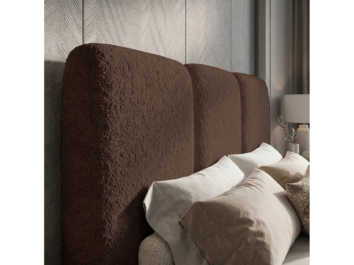 Lit tapissé 200x200 Elora bouclé – lit avec coffre de rangement et sommier, lit coffre moderne, lit chambre, tissu bouclé tendance – Marron