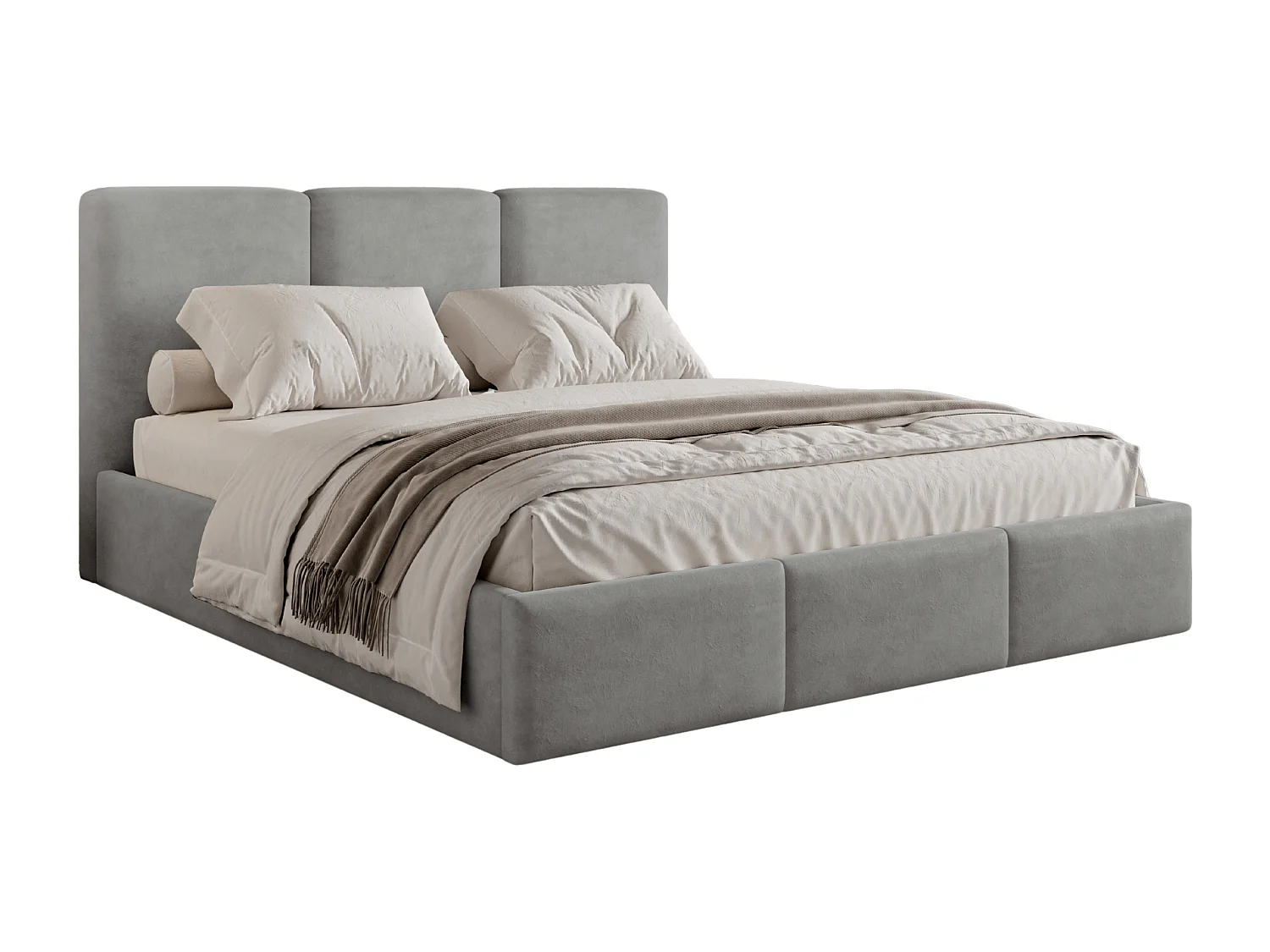 BESILIO Gestoffeerd bed met opbergruimte 200x200 Elora – slank bed met decoratief hoofdbord en metalen frame – Grijs
