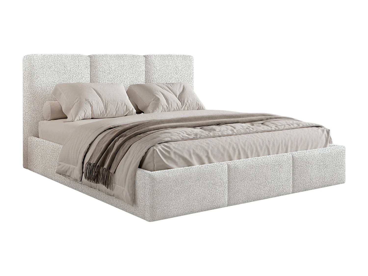 Lit tapissé 160x200 Elora bouclé – lit avec coffre de rangement et sommier, lit coffre moderne, lit chambre, tissu bouclé tendance – Blanc