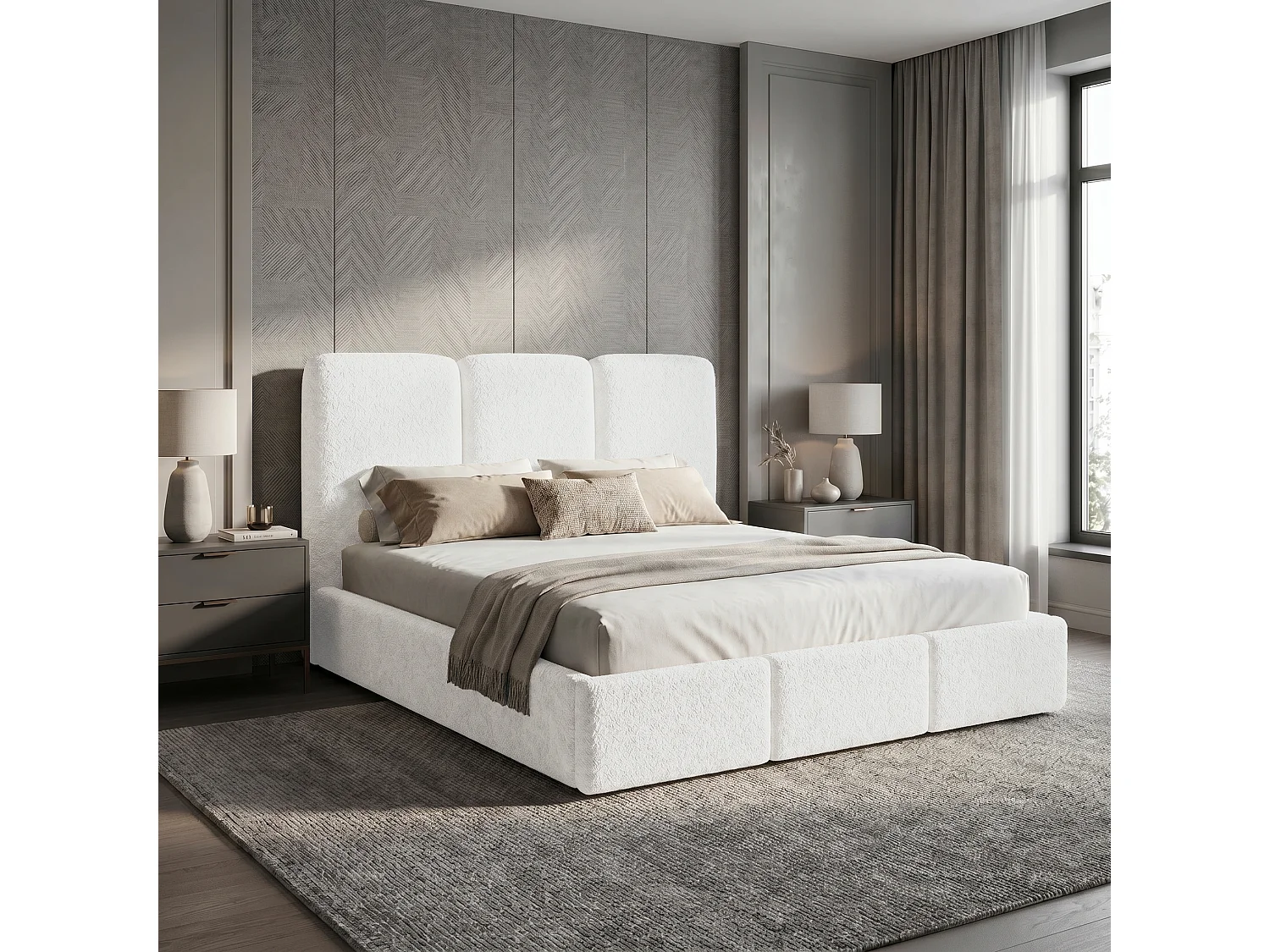 Gestoffeerd bed 160x200 Elora bouclé – bed met opbergruimte en lattenbodem, modern opbergbed, slaapkamerbed, trendy bouclé stof – Wit
