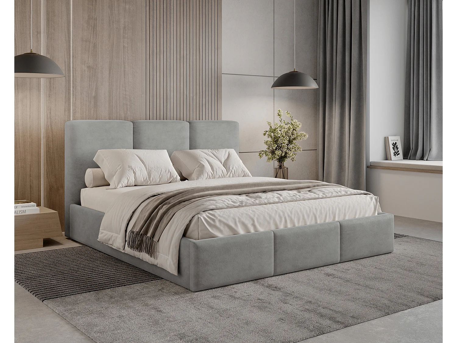 BESILIO Lit tapissé avec coffre de rangement 160x200 Elora – lit fin avec tête de lit décorative et cadre en métal – Gris