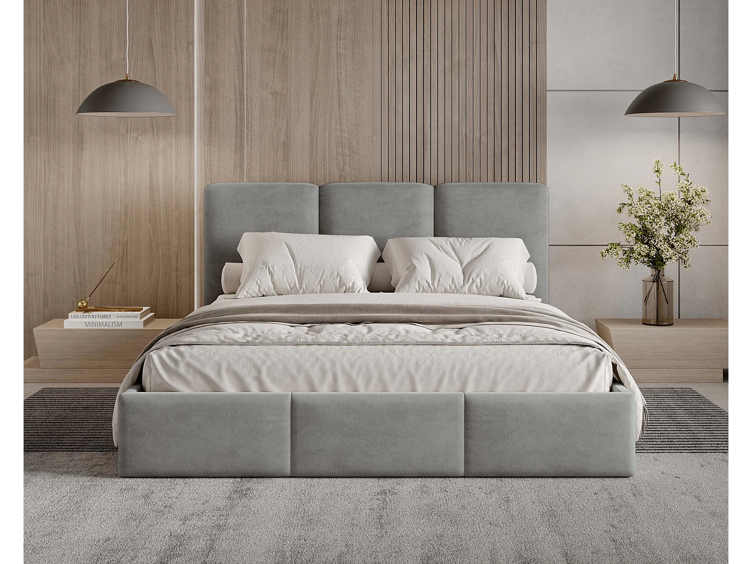 BESILIO Lit tapissé avec coffre de rangement 160x200 Elora – lit fin avec tête de lit décorative et cadre en métal – Gris