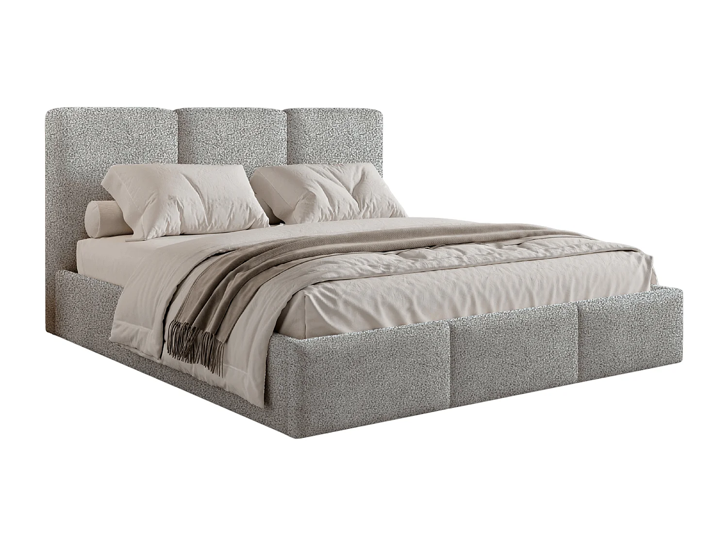 Lit tapissé 180x200 Elora bouclé – lit avec coffre de rangement et sommier, lit coffre moderne, lit chambre, tissu bouclé tendance – Gris clair