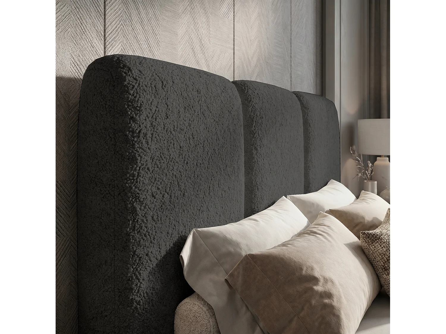 Lit tapissé 180x200 Elora bouclé – lit avec coffre de rangement et sommier, lit coffre moderne, lit chambre, tissu bouclé tendance – Gris