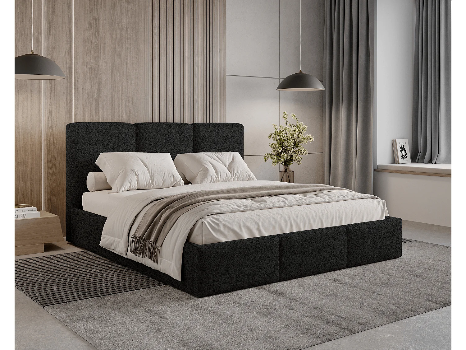 Gestoffeerd bed 200x200 Elora bouclé – bed met opbergruimte en lattenbodem, modern opbergbed, slaapkamerbed, trendy bouclé stof – Zwart