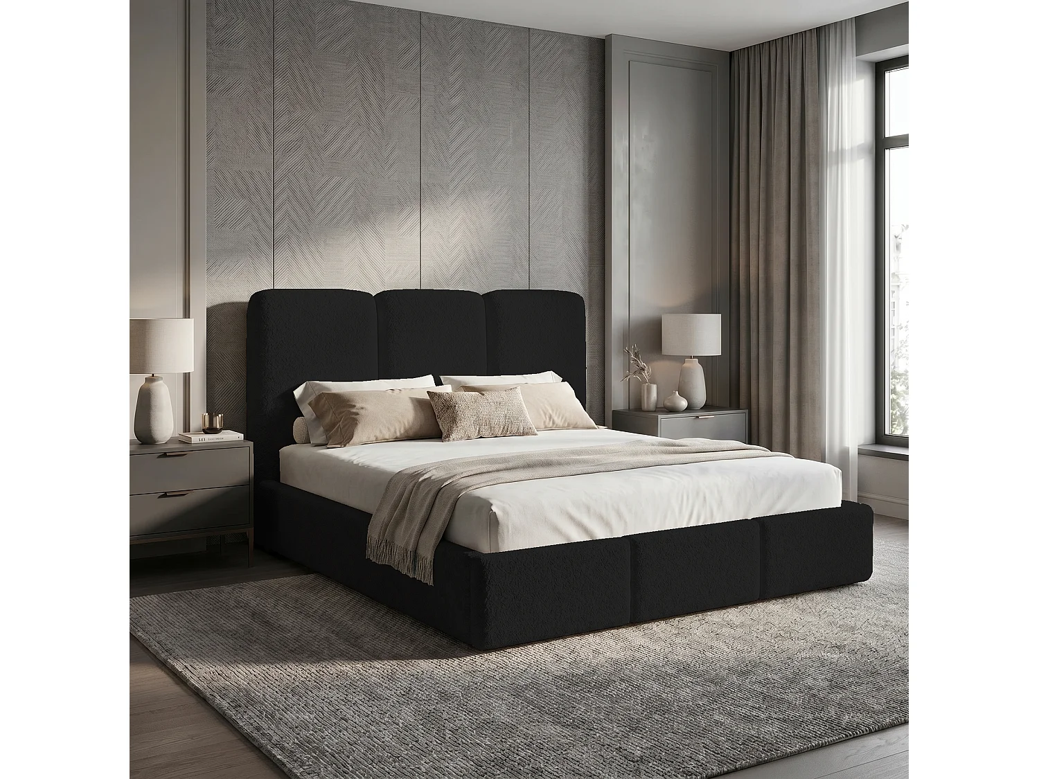 Gestoffeerd bed 200x200 Elora bouclé – bed met opbergruimte en lattenbodem, modern opbergbed, slaapkamerbed, trendy bouclé stof – Zwart