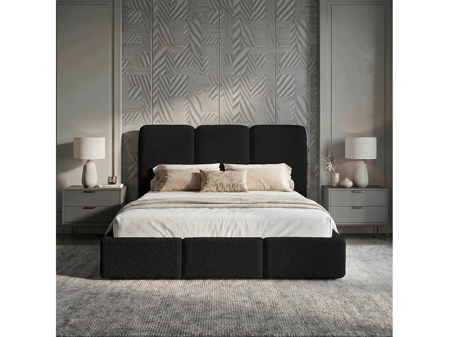 Gestoffeerd bed 200x200 Elora bouclé – bed met opbergruimte en lattenbodem, modern opbergbed, slaapkamerbed, trendy bouclé stof – Zwart
