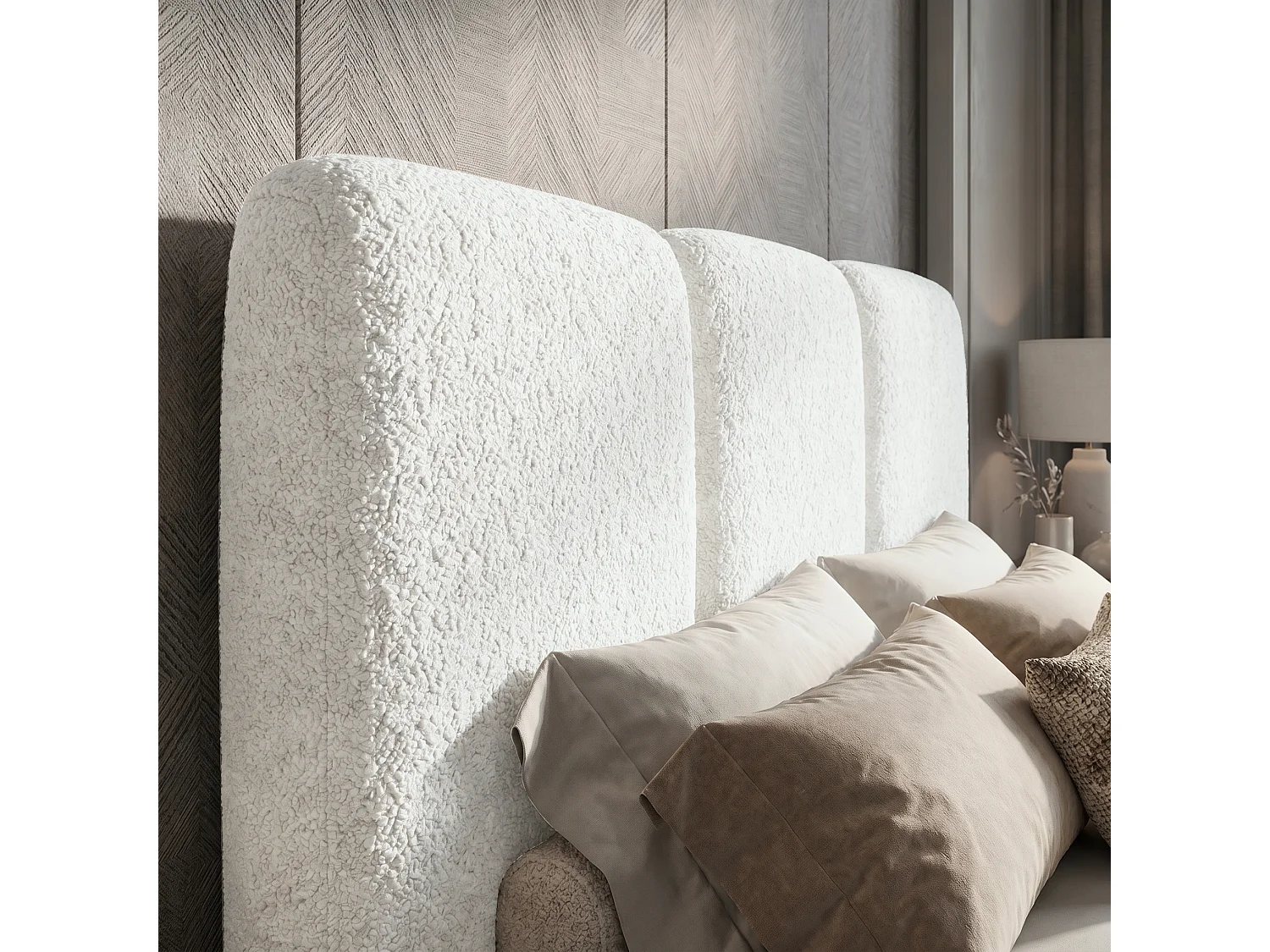 Lit tapissé 120x200 Elora bouclé – lit avec coffre de rangement et sommier, lit coffre moderne, lit chambre, tissu bouclé tendance – Blanc