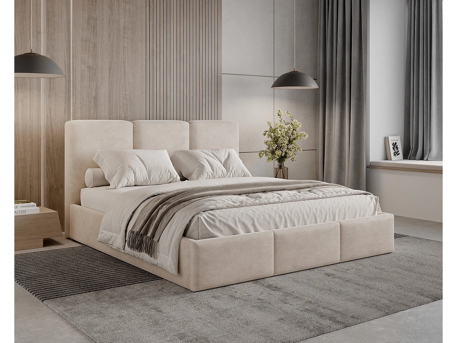 BESILIO Łóżko tapicerowane z pojemnikiem 140x200 Elora - Łóżko slim, ozdobne wezgłowie, stelaż metalowy- Beżowy