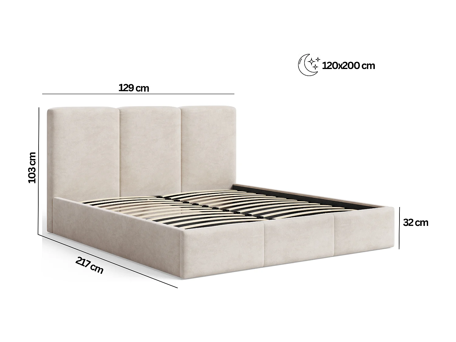 BESILIO Lit tapissé avec coffre de rangement 120x200 Elora – lit fin avec tête de lit décorative et cadre en métal – Gris clair