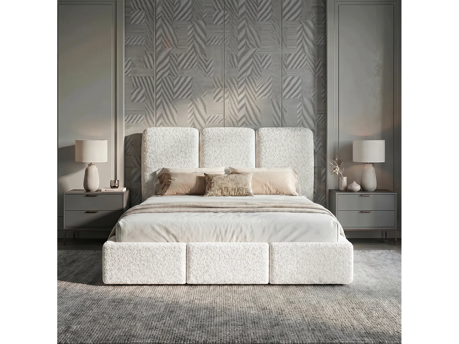 Lit tapissé 200x200 Elora bouclé – lit avec coffre de rangement et sommier, lit coffre moderne, lit chambre, tissu bouclé tendance – Crème