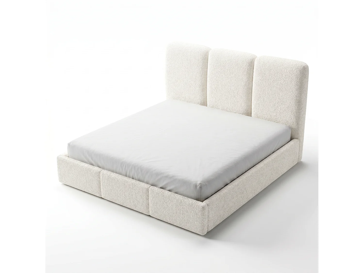 Lit tapissé 200x200 Elora bouclé – lit avec coffre de rangement et sommier, lit coffre moderne, lit chambre, tissu bouclé tendance – Crème