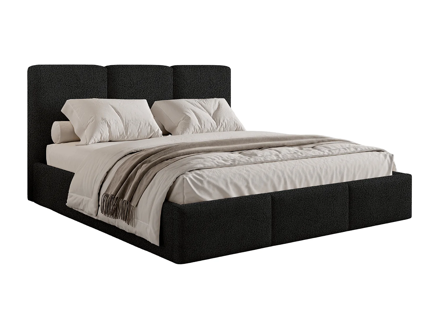 Lit tapissé 140x200 Elora bouclé – lit avec coffre de rangement et sommier, lit coffre moderne, lit chambre, tissu bouclé tendance – Noir