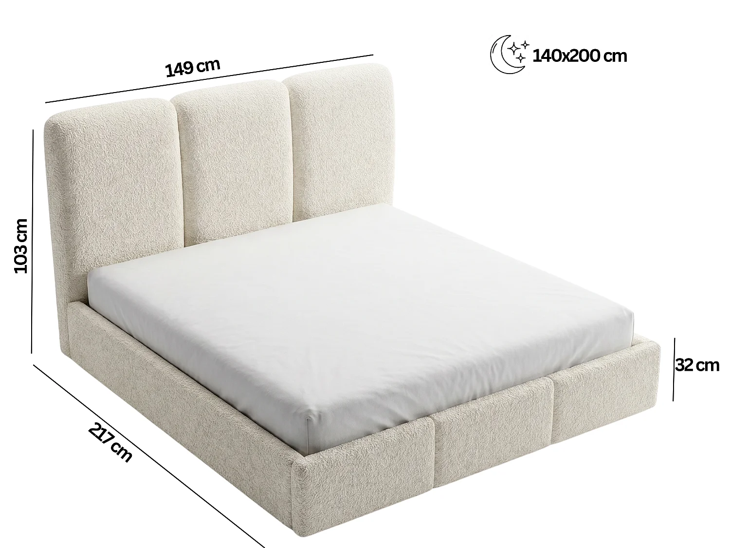 Lit tapissé 140x200 Elora bouclé – lit avec coffre de rangement et sommier, lit coffre moderne, lit chambre, tissu bouclé tendance – Noir