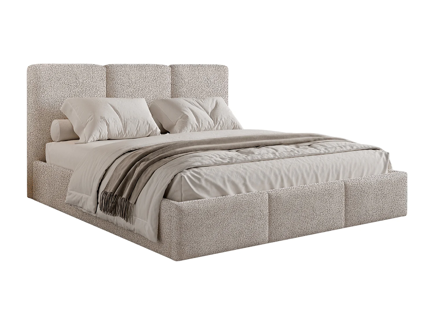 Lit tapissé 200x200 Elora bouclé – lit avec coffre de rangement et sommier, lit coffre moderne, lit chambre, tissu bouclé tendance – Beige