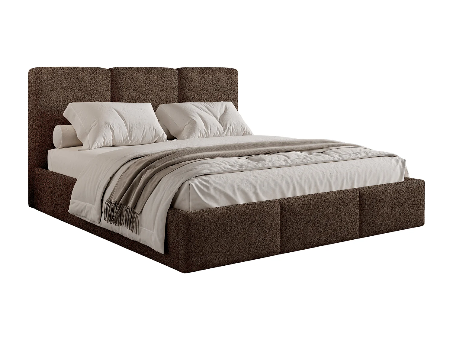 Lit tapissé 160x200 Elora bouclé – lit avec coffre de rangement et sommier, lit coffre moderne, lit chambre, tissu bouclé tendance – Marron
