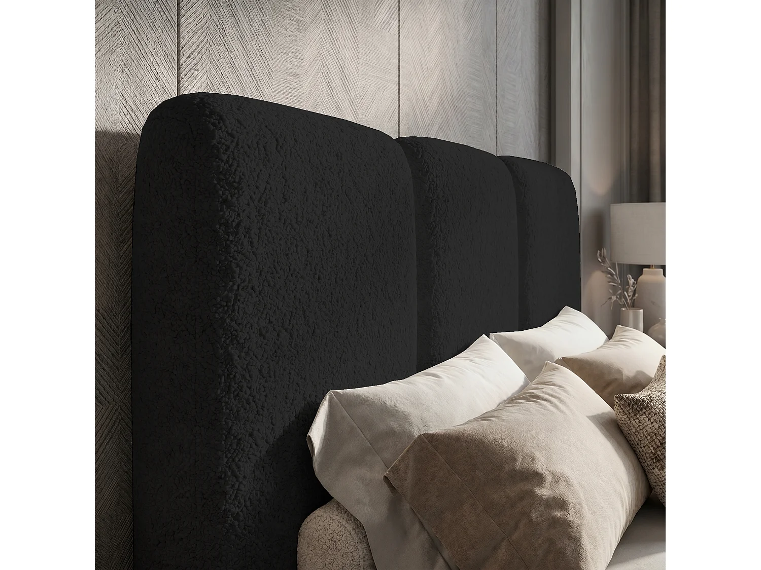 Lit tapissé 160x200 Elora bouclé – lit avec coffre de rangement et sommier, lit coffre moderne, lit chambre, tissu bouclé tendance – Noir