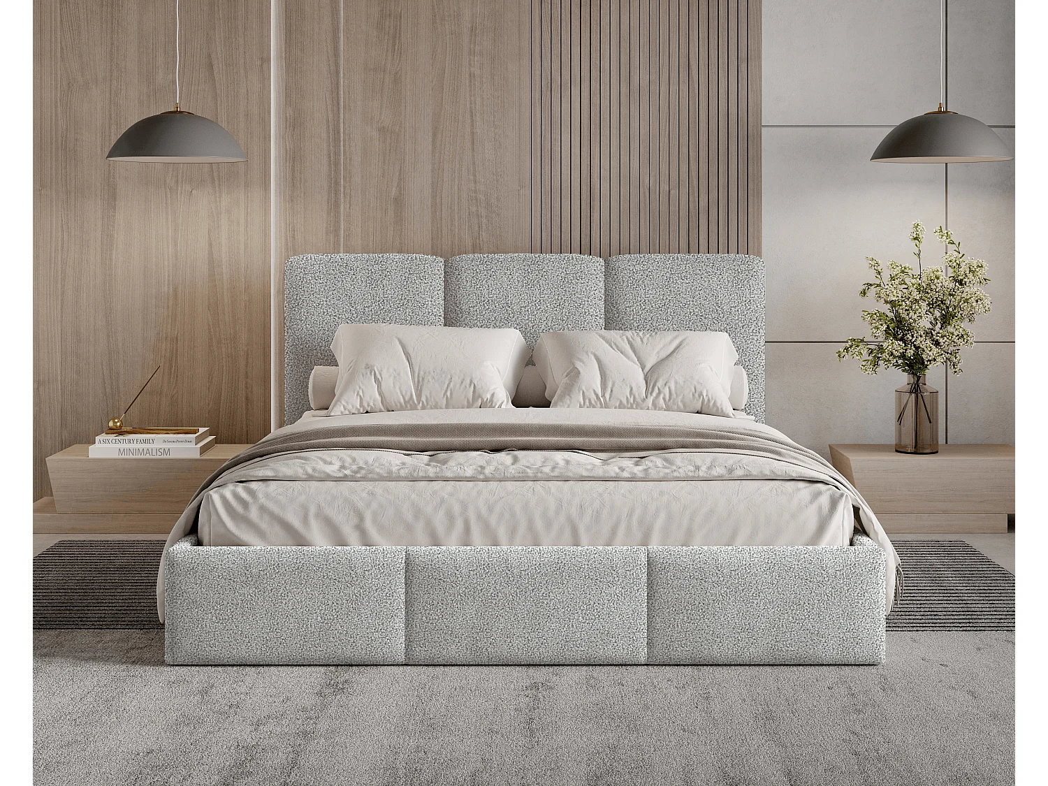 Gestoffeerd bed 160x200 Elora bouclé – bed met opbergruimte en lattenbodem, modern opbergbed, slaapkamerbed, trendy bouclé stof – Lichtgrijs