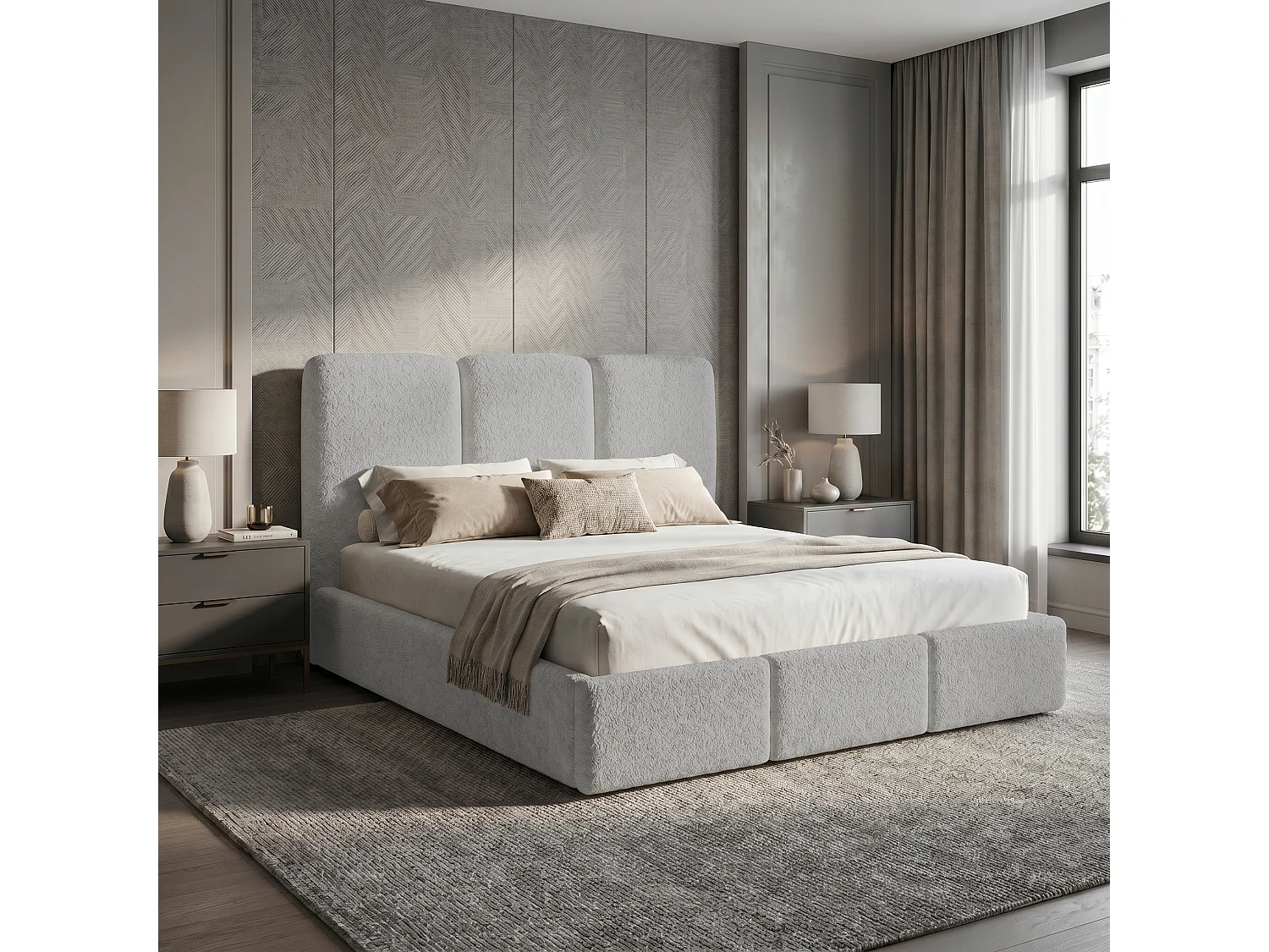 Gestoffeerd bed 160x200 Elora bouclé – bed met opbergruimte en lattenbodem, modern opbergbed, slaapkamerbed, trendy bouclé stof – Lichtgrijs